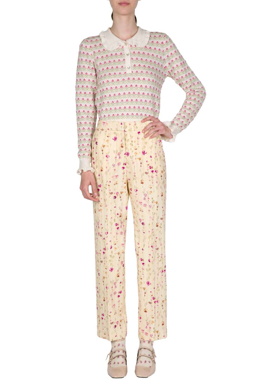 Luisa Beccaria Pantaloni di lana a sigaretta con ghirlanda di fiori Liquidazione