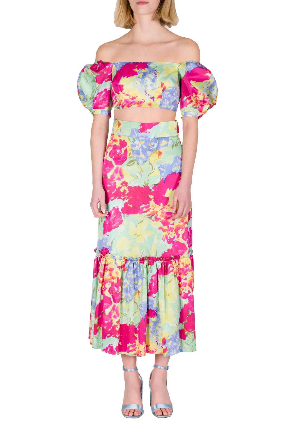 Luisa Beccaria Top in cotone stampato con spalle scoperte con fiori astratti Italy