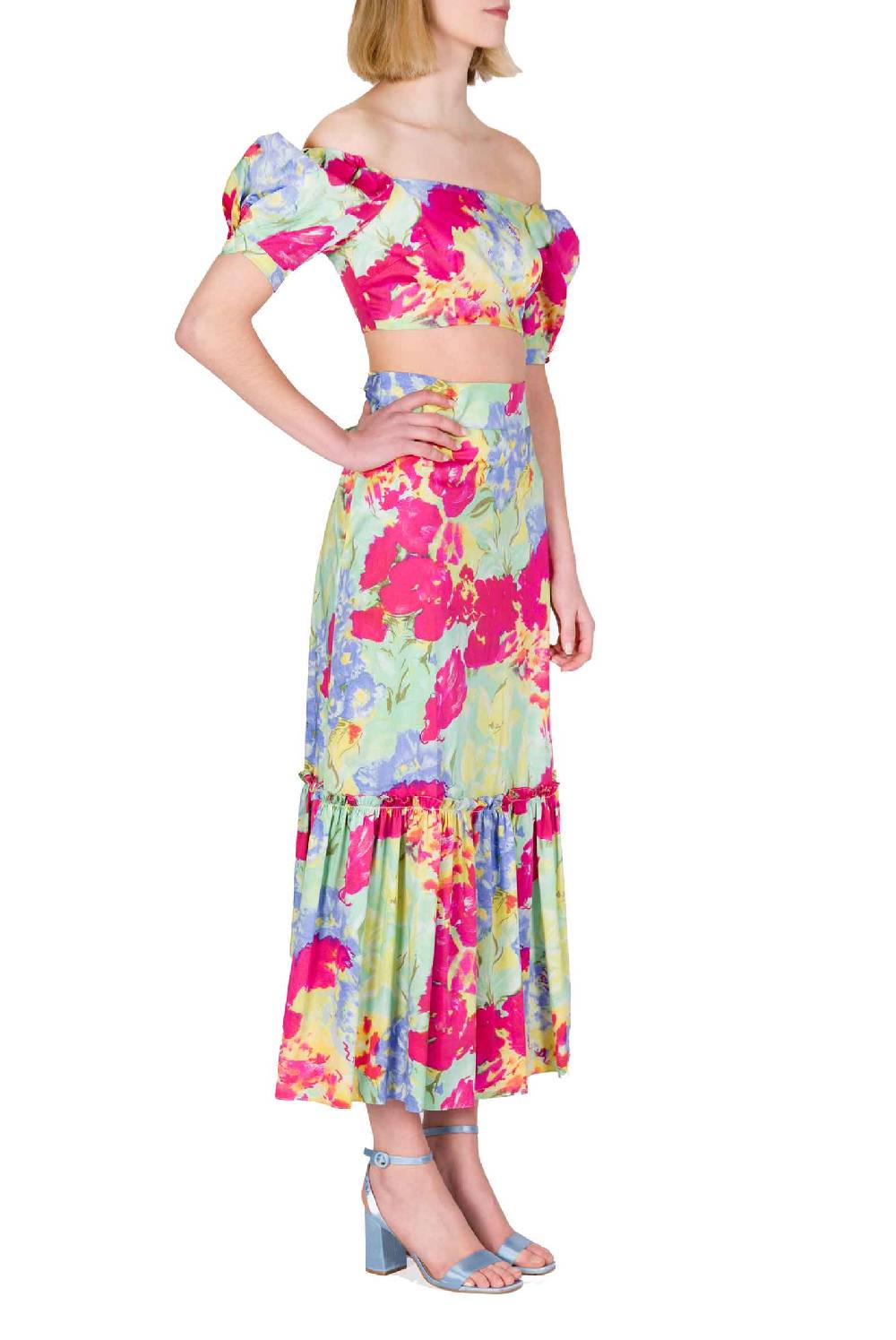 Luisa Beccaria Top in cotone stampato con spalle scoperte con fiori astratti Italy