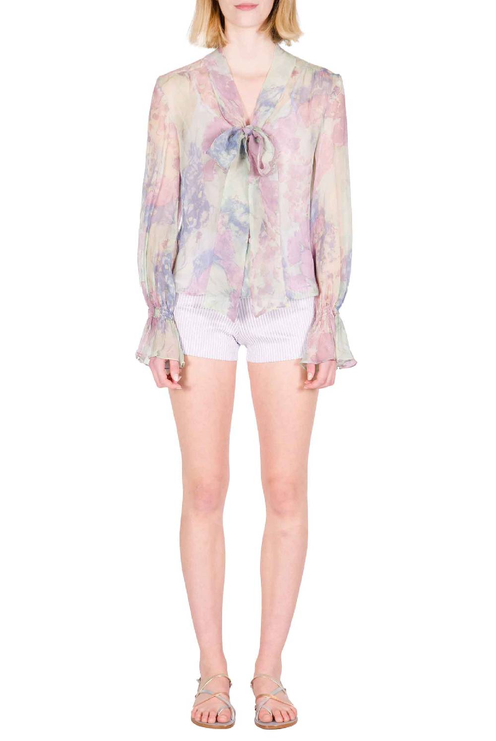 Luisa Beccaria Camicia in chiffon stampato con fiocco in fiori astratti In Linea