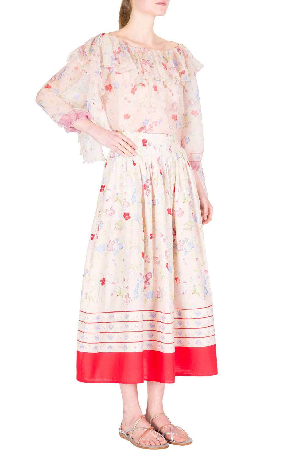 Luisa Beccaria Gonna midi a pieghe in cotone con fiori Gilly Fino Al -60%