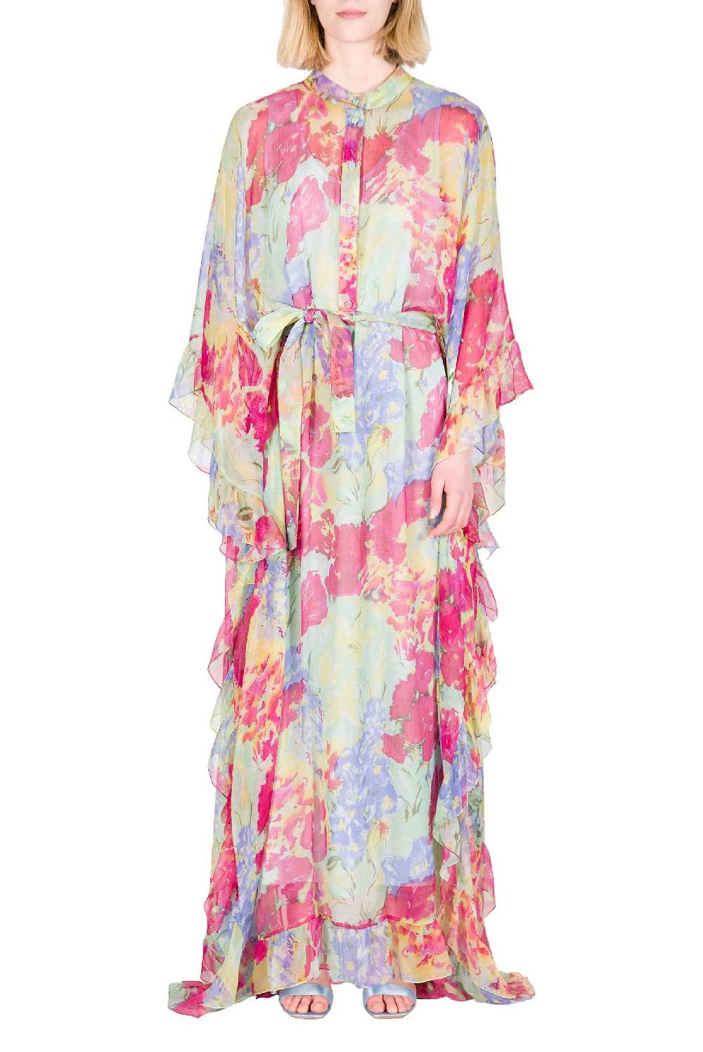 Luisa Beccaria Caftano in chiffon con finiture arricciate a fiori astratti Economico