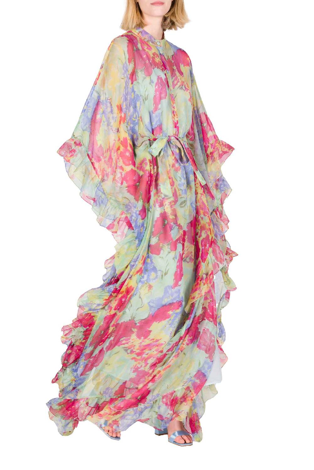 Luisa Beccaria Caftano in chiffon con finiture arricciate a fiori astratti Economico