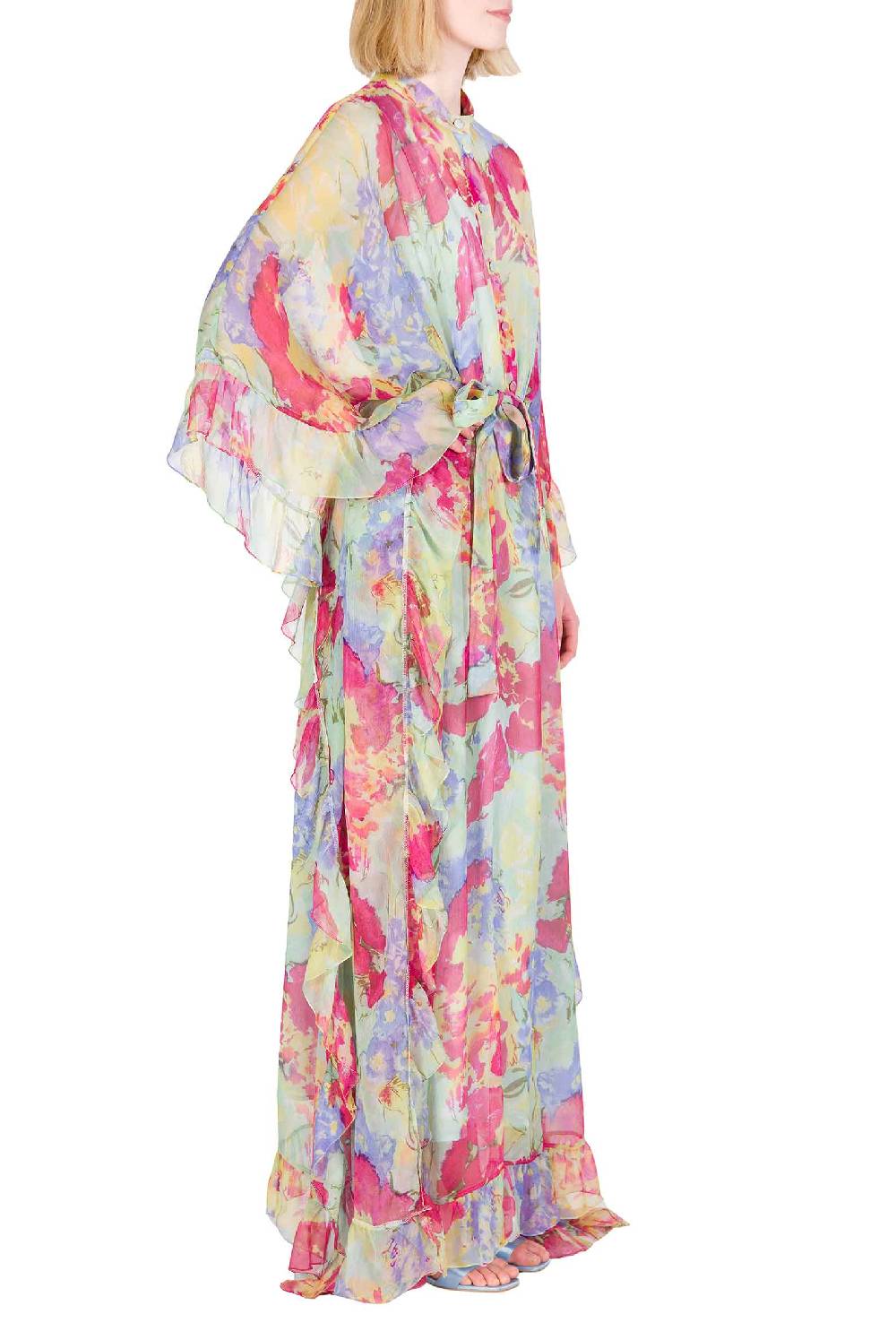 Luisa Beccaria Caftano in chiffon con finiture arricciate a fiori astratti Economico