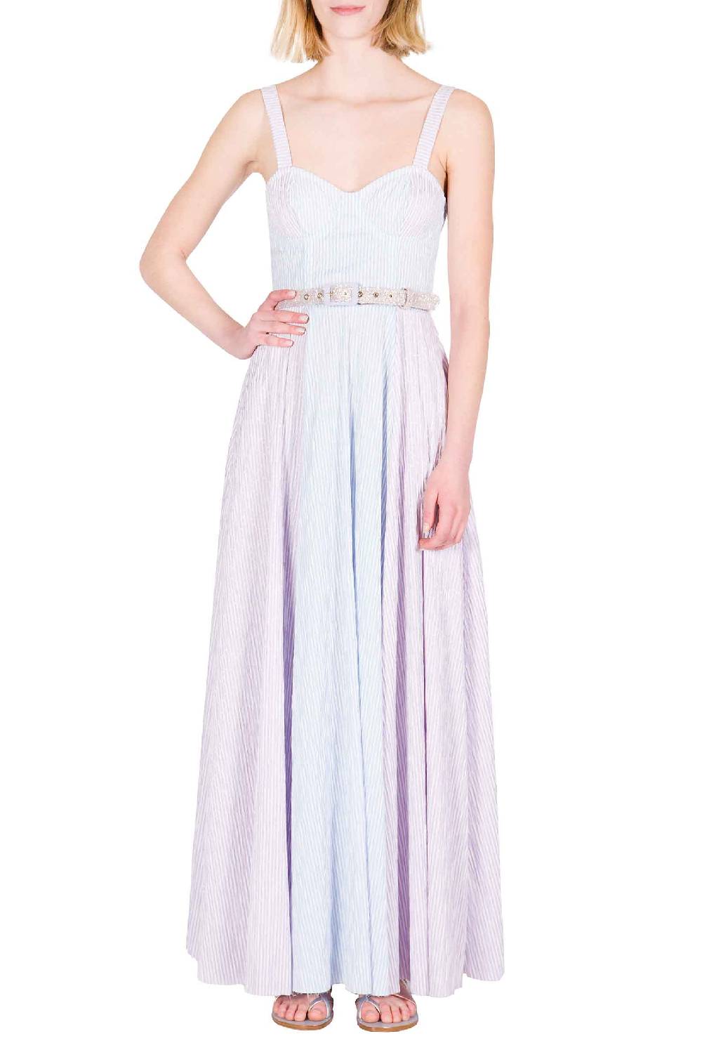 Luisa Beccaria Abito bustier in cotone con spalline a righe bicolori Vendita Calda