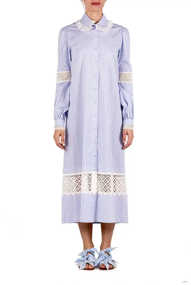 Luisa Beccaria Abito chemisier in cotone a quadretti con pizzo Offerte speciali