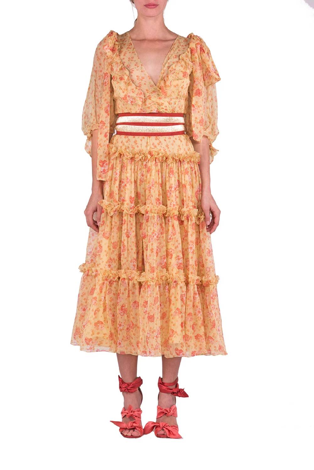 Luisa Beccaria Abito longuette in chiffon floreale con balze Sconti VIP