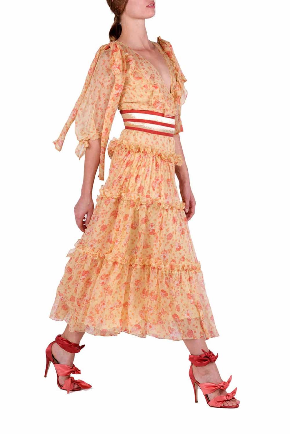 Luisa Beccaria Abito longuette in chiffon floreale con balze Sconti VIP