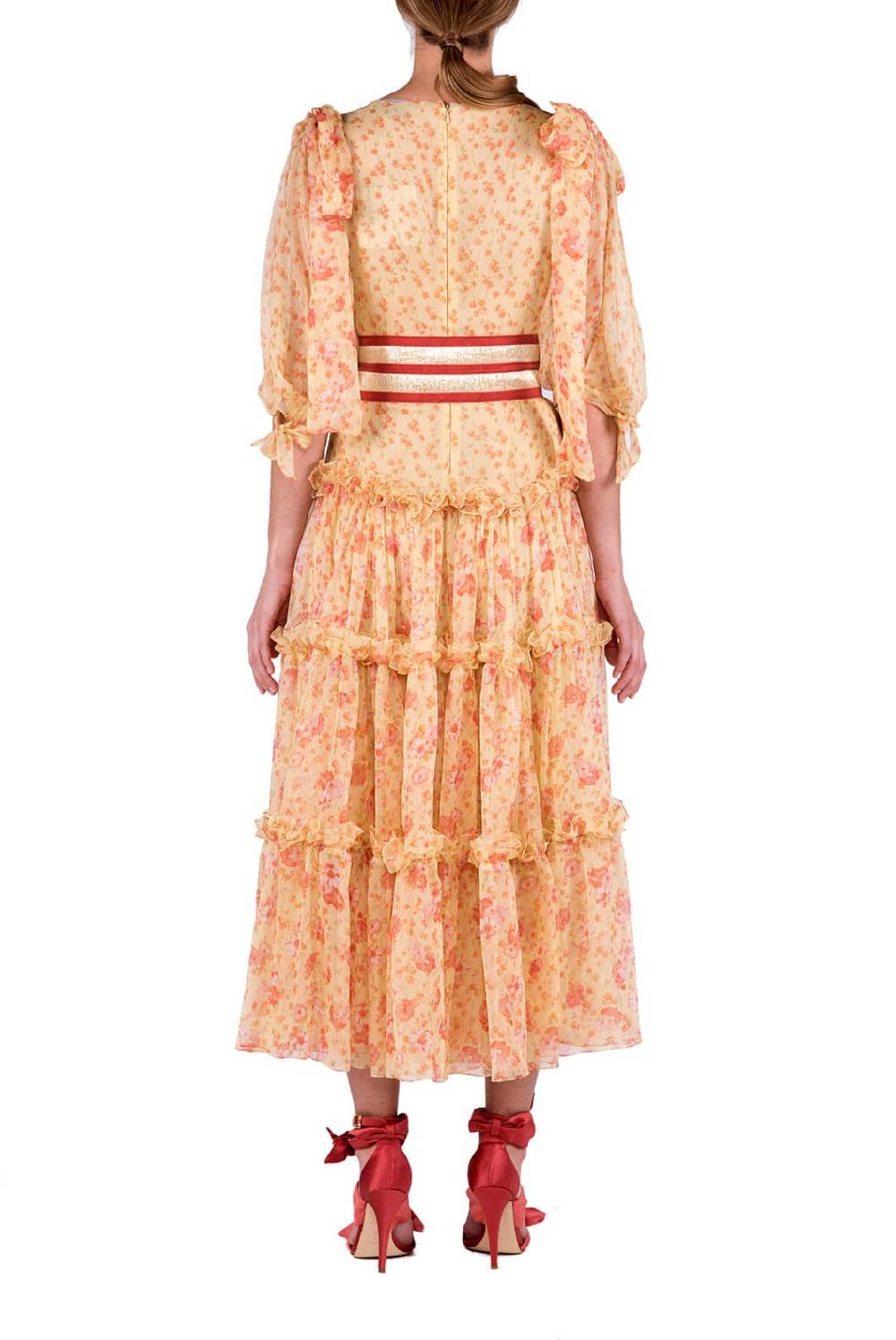 Luisa Beccaria Abito longuette in chiffon floreale con balze Sconti VIP