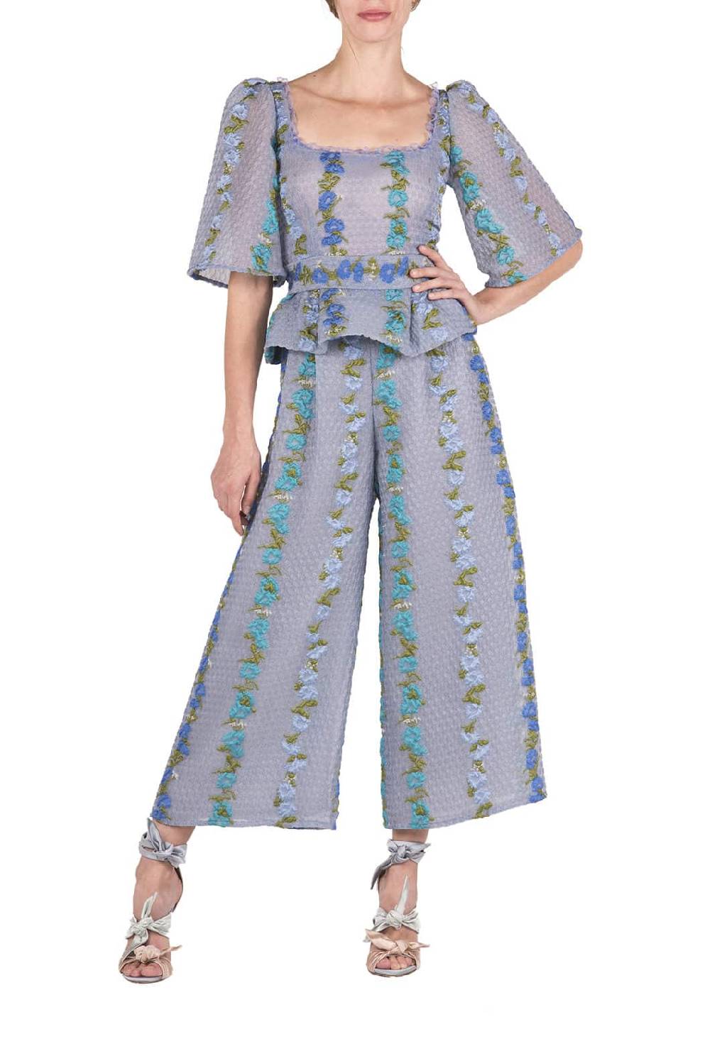 Luisa Beccaria Pantaloni a vita alta in organza fil coupé floreale a righe Offerta settimanale