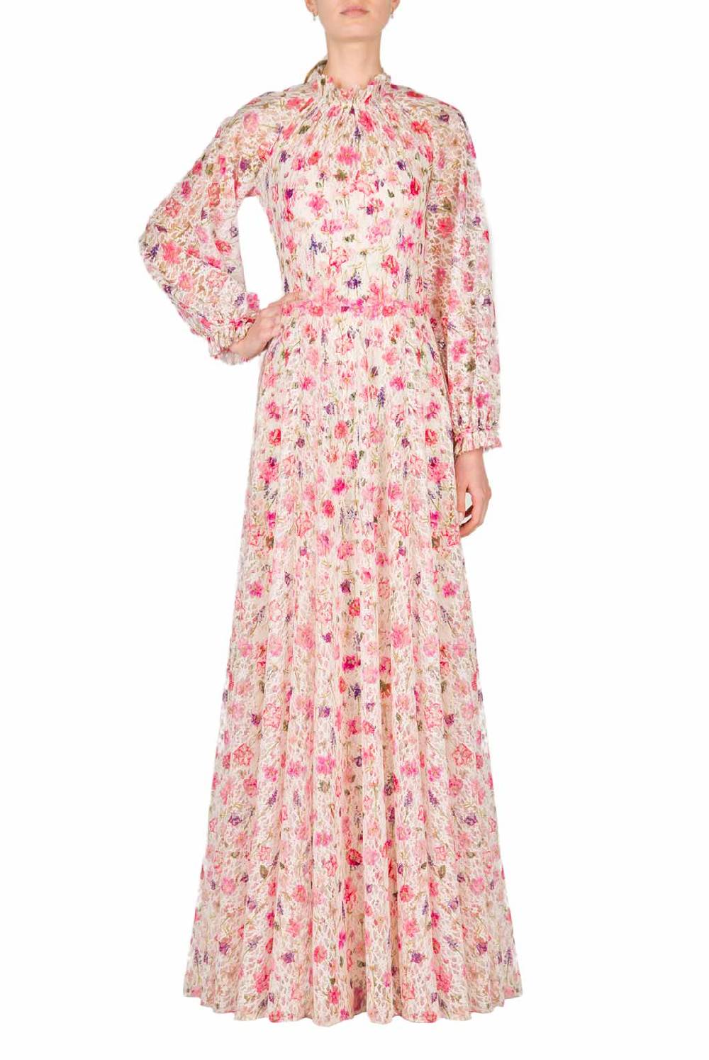 Luisa Beccaria Maxi abito in pizzo con collo a lupetto stampato floreale Ritorno libero