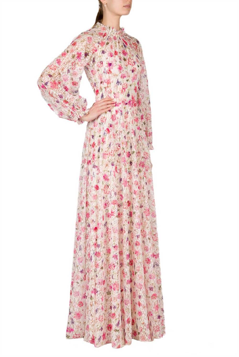 Luisa Beccaria Maxi abito in pizzo con collo a lupetto stampato floreale Ritorno libero