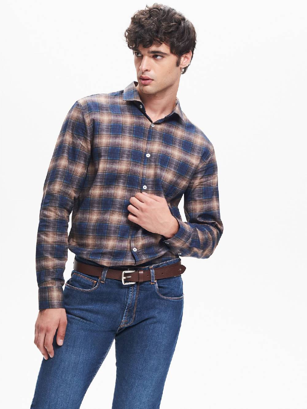 Rinascimento Camicia Check Uomo Collo alla Francese Blu QB24 Negozio