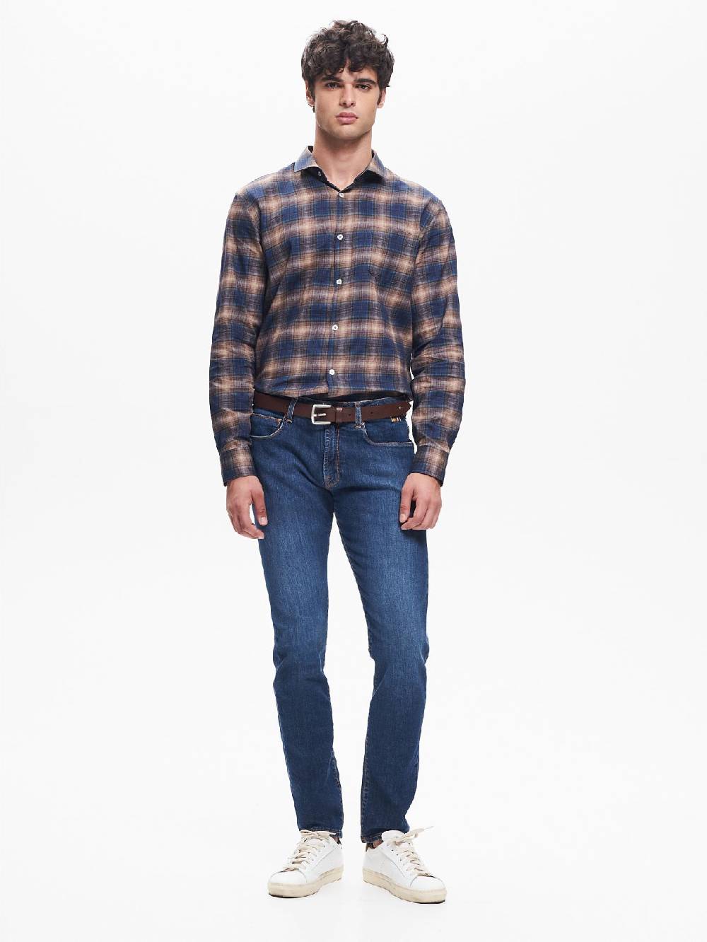 Rinascimento Camicia Check Uomo Collo alla Francese Blu QB24 Negozio