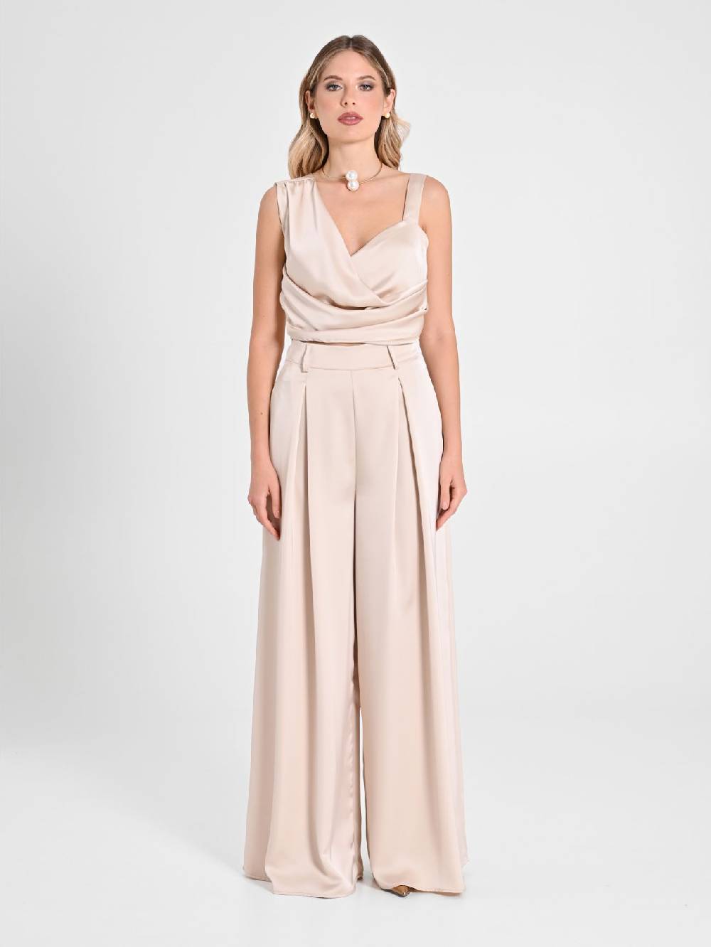 Rinascimento Pantaloni Palazzo in Satin Beige Saldi