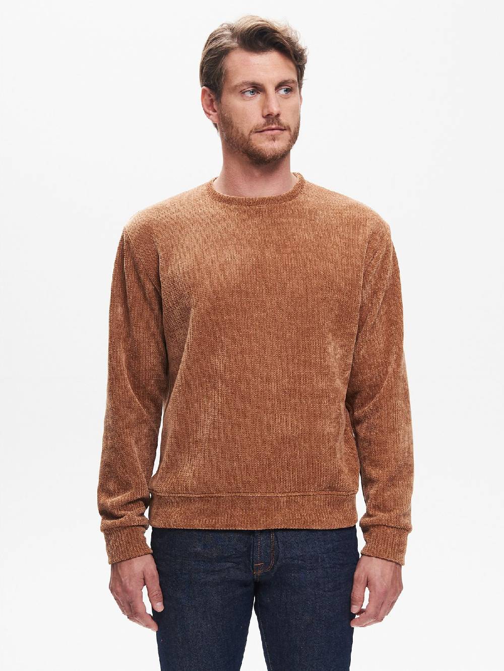 Rinascimento Felpa Girocollo Uomo in Ciniglia Cammello QB24 Sconto