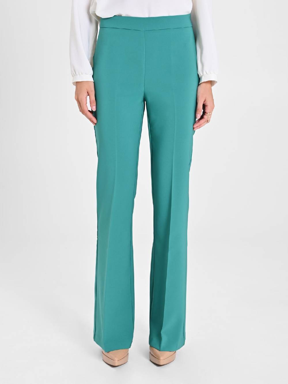 Rinascimento Pantaloni Flared in Tessuto Tecnico Verde Giada Donna Rilascio limitato
