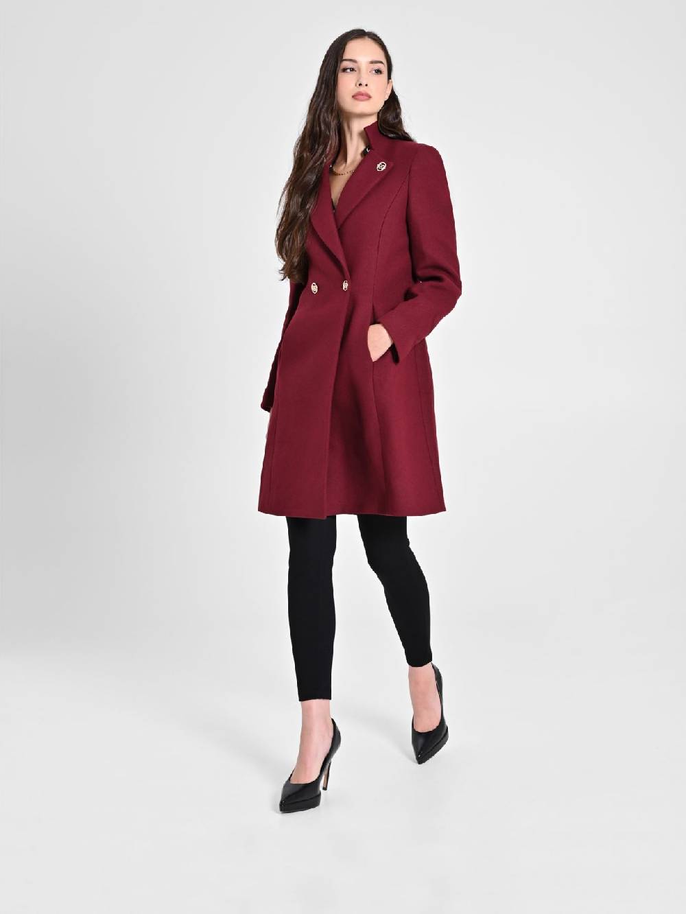 Rinascimento Cappotto Bordeaux con Collo in Piedi 50% di sconto per tempo limitato