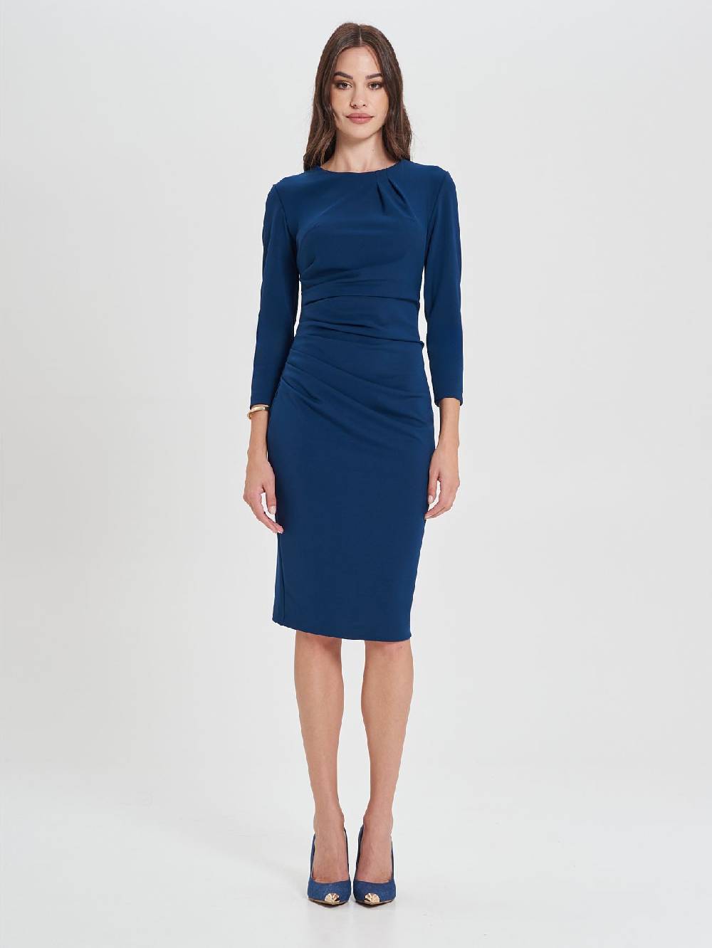 Rinascimento Tubino Drappeggiato Blu a Maniche Lunghe Flash Sale