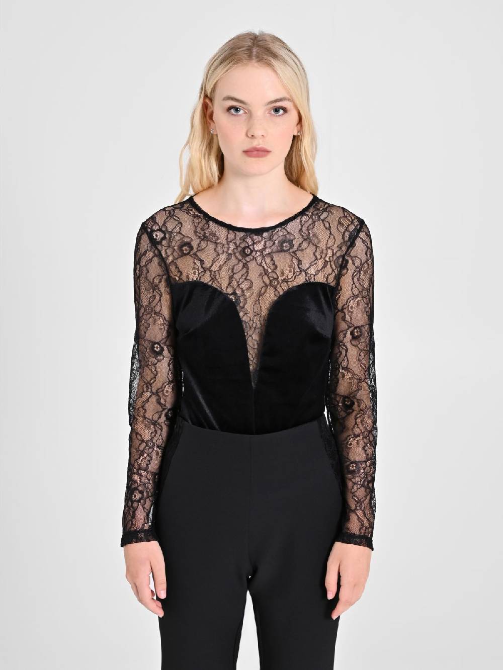 Rinascimento Body in Pizzo e Velluto Nero Discount Store per i nuovi prodotti