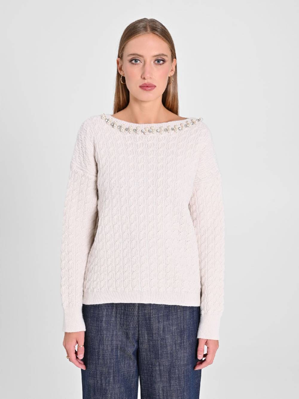 Rinascimento Maglione Bianco scollo Perle In Linea