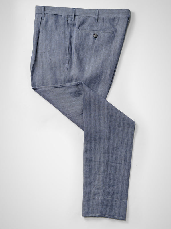 Rota Summer Medium blue herringbone pair of regular fit linen trousers Saldi