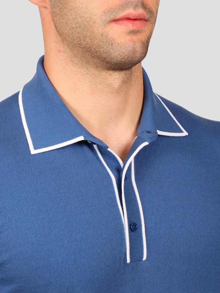 Svevo Maglia Polo 80% Cotone - 20% Seta Blu e Bianca Qualità