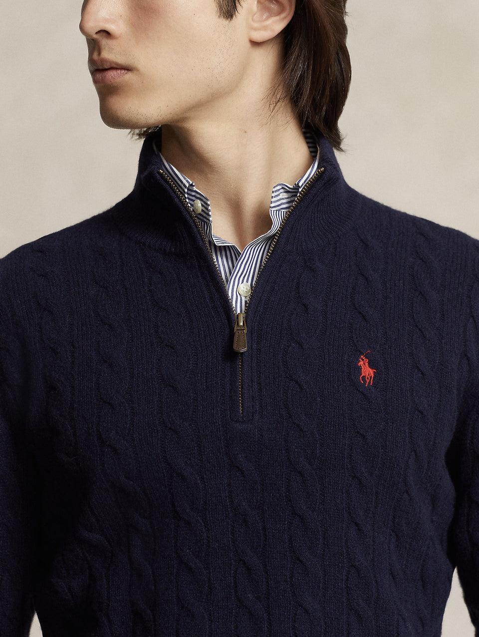 RALPH LAUREN Maglia Mezza Zip a Trecce Blu Consegna Veloce