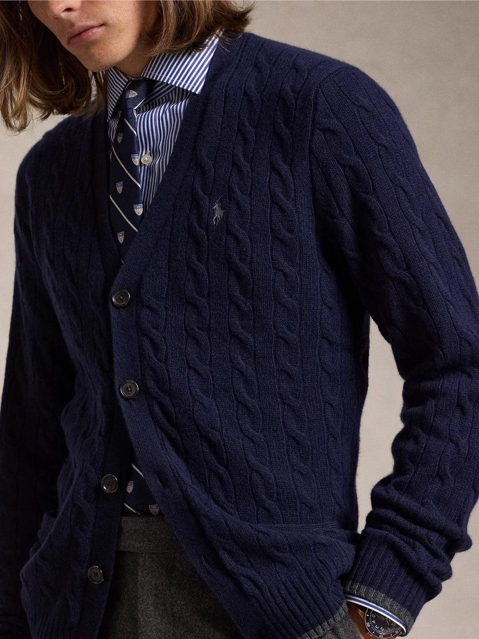 RALPH LAUREN Cardigan in Lana e Cashmere a Trecce Blu Affare Del Giorno