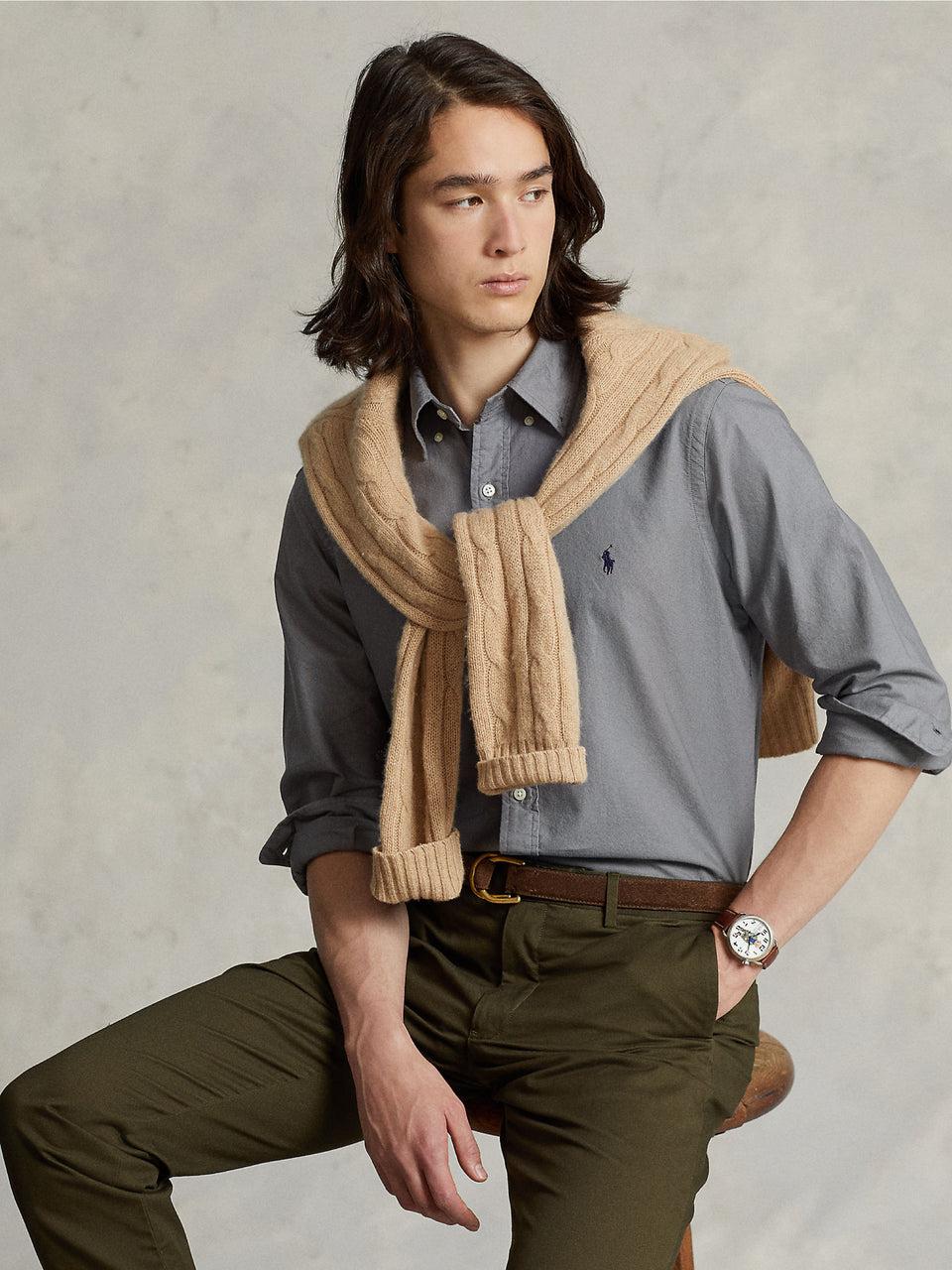 RALPH LAUREN Camicia in Cotone Oxford Slim Filt Grigia Consegna Veloce