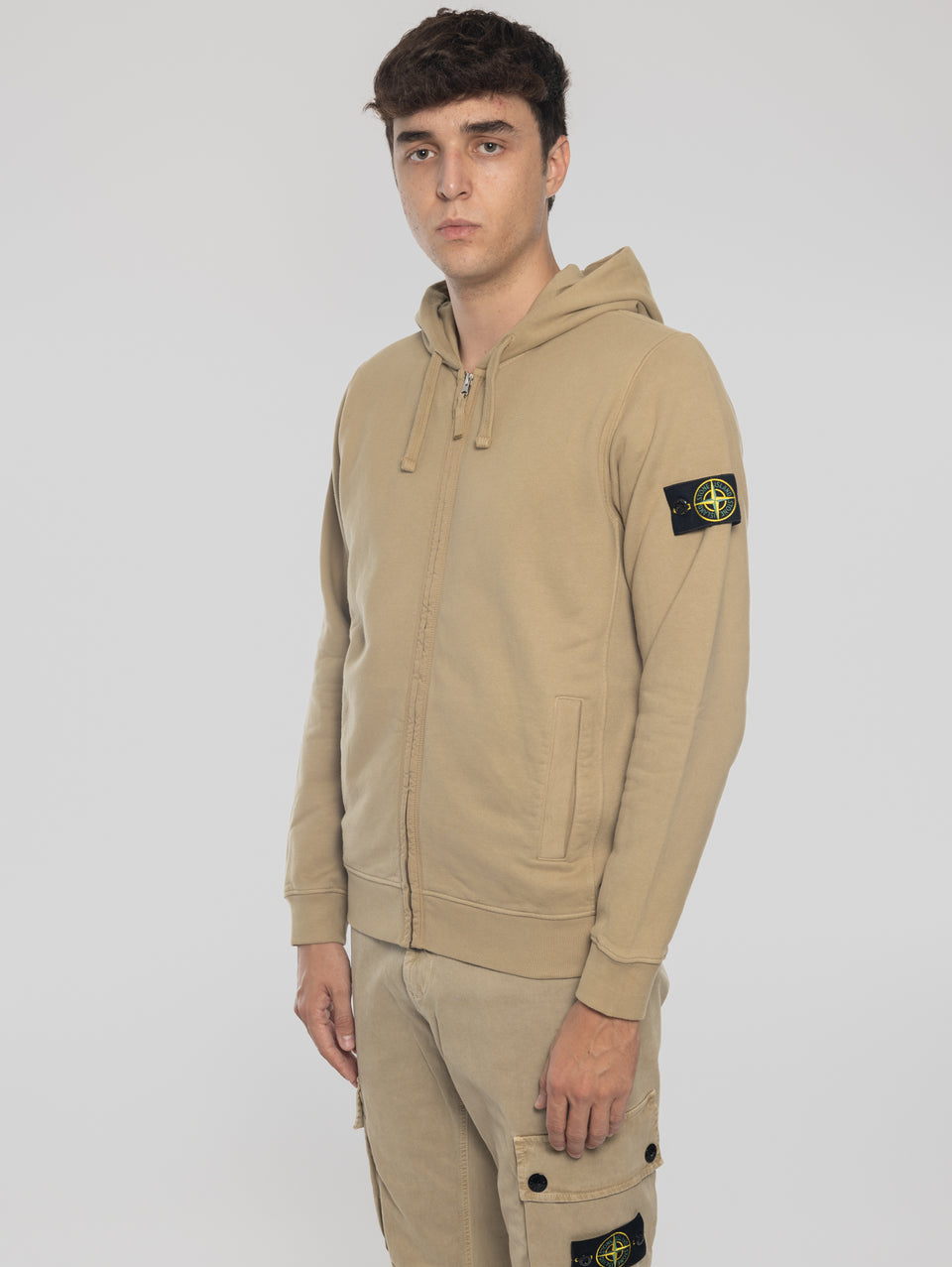 STONE ISLAND Felpa Full Zip in Cotone Organico Biscotto Vendita Calda
