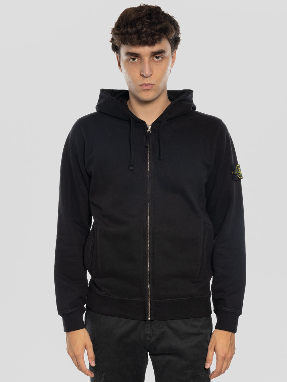 STONE ISLAND Felpa Full Zip in Cotone Organico Nero Saldi Di Fabbrica