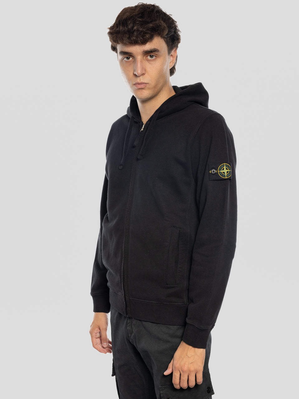 STONE ISLAND Felpa Full Zip in Cotone Organico Nero Saldi Di Fabbrica