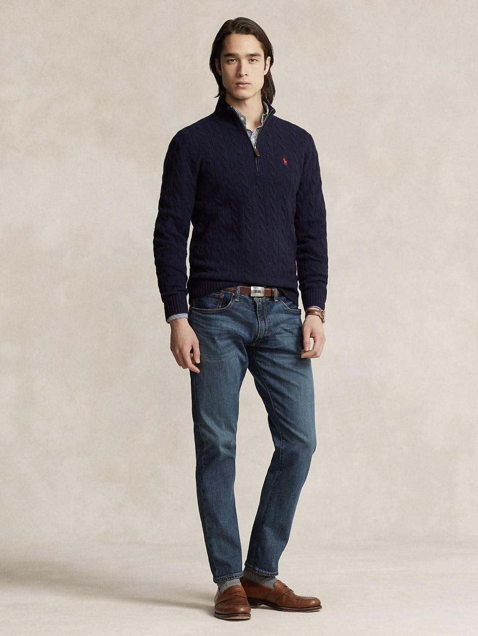 RALPH LAUREN Maglia Mezza Zip a Trecce Blu Consegna Veloce