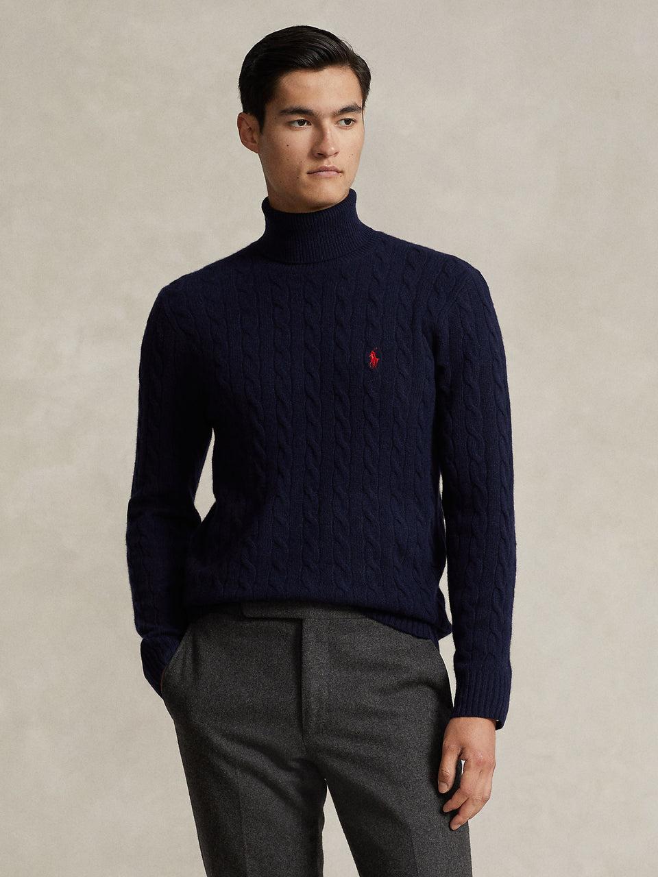 RALPH LAUREN Maglia Collo Alto a Trecce Blu Economico