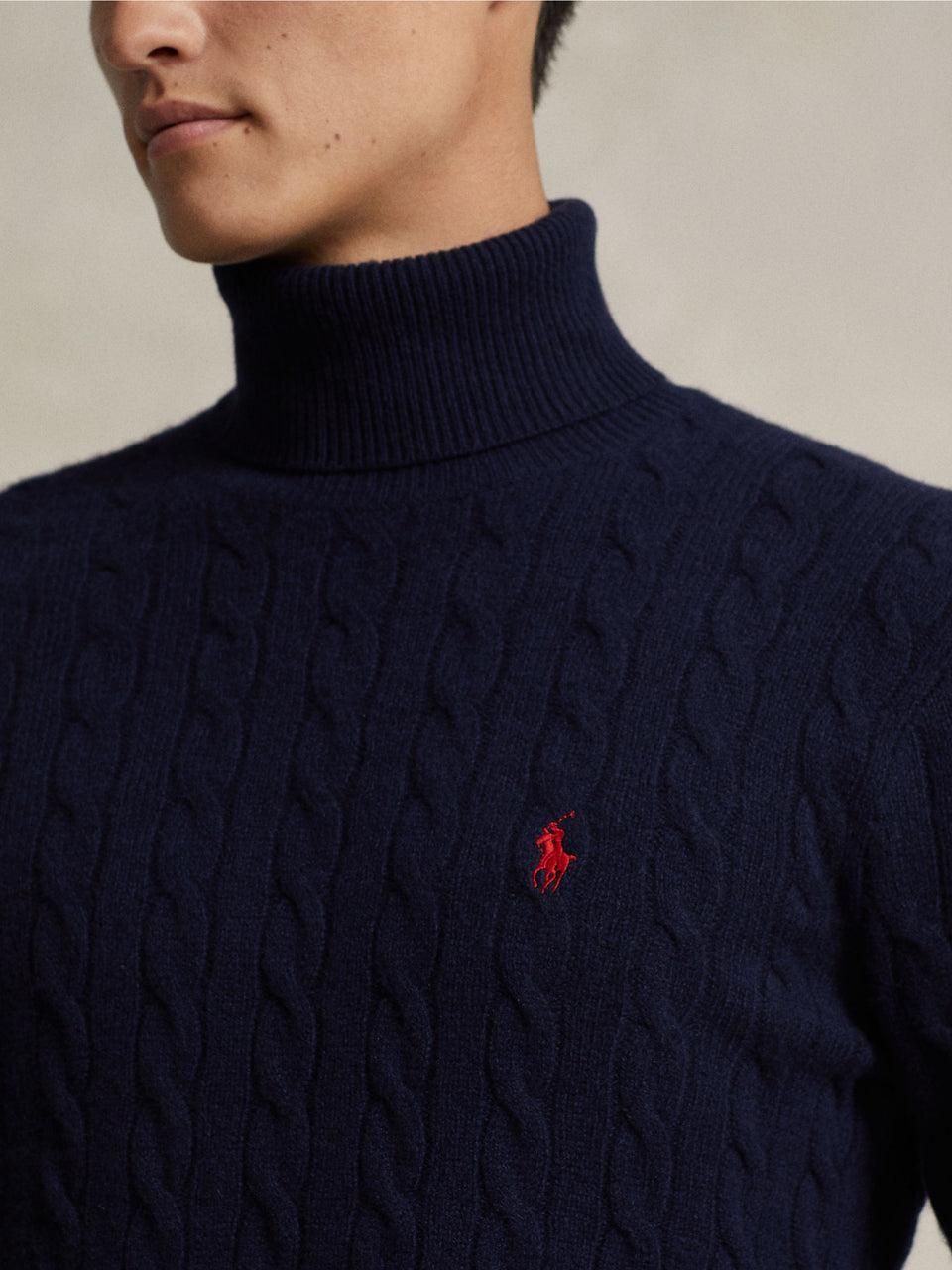 RALPH LAUREN Maglia Collo Alto a Trecce Blu Economico