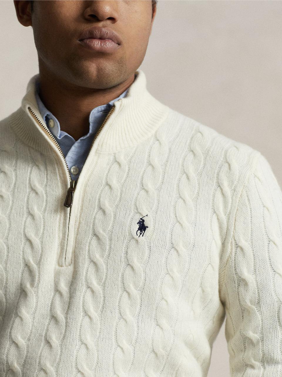 RALPH LAUREN Maglia Mezza Zip a Trecce Crema Outlet