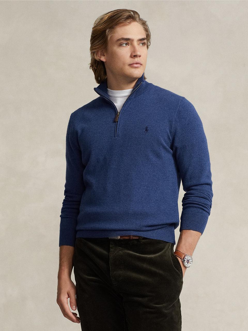 RALPH LAUREN Maglia con Mezza Zip in Lana Blu In Vendita