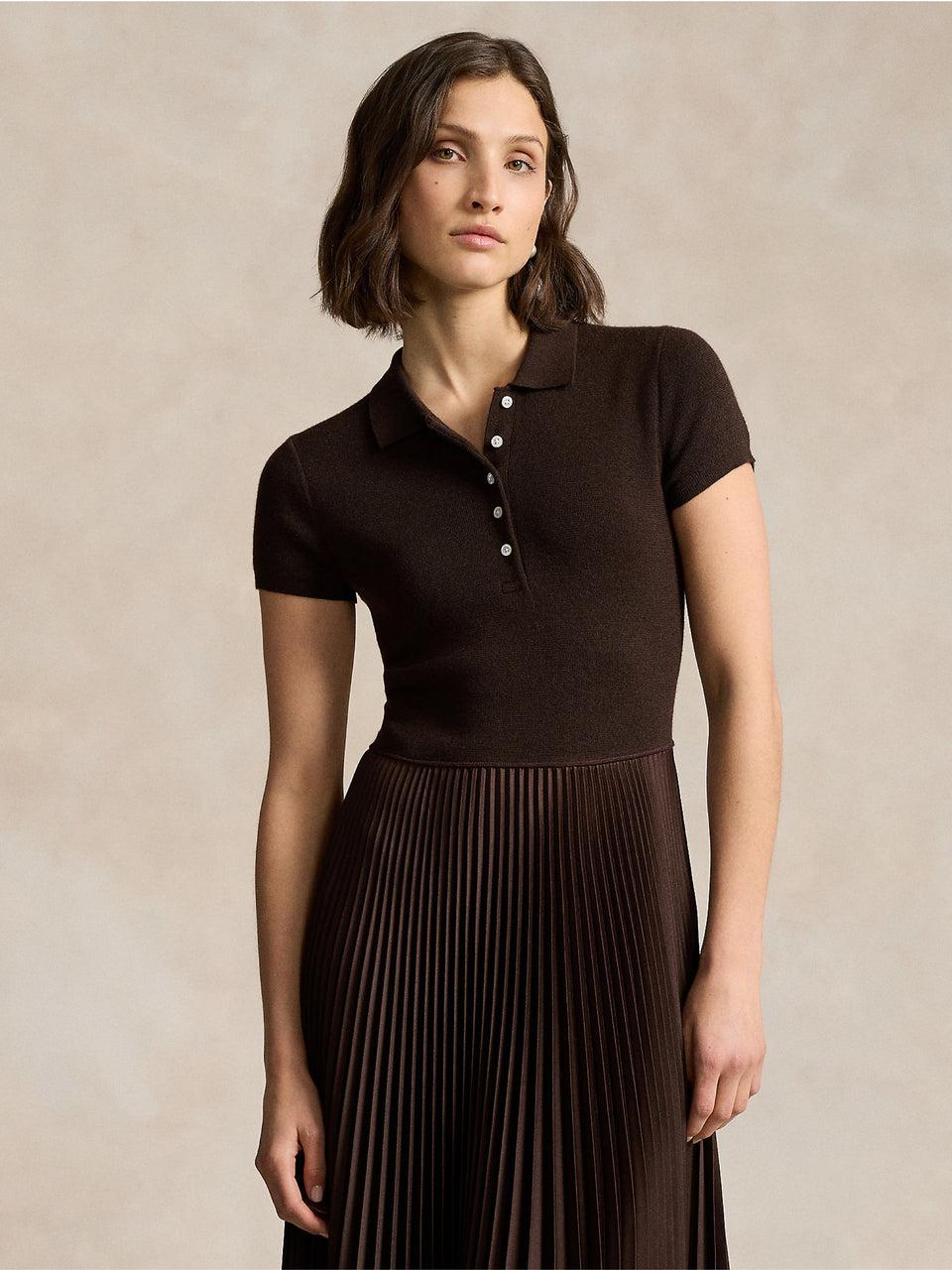 RALPH LAUREN Abito in Maglia con Gonna Plissé Marrone Economico