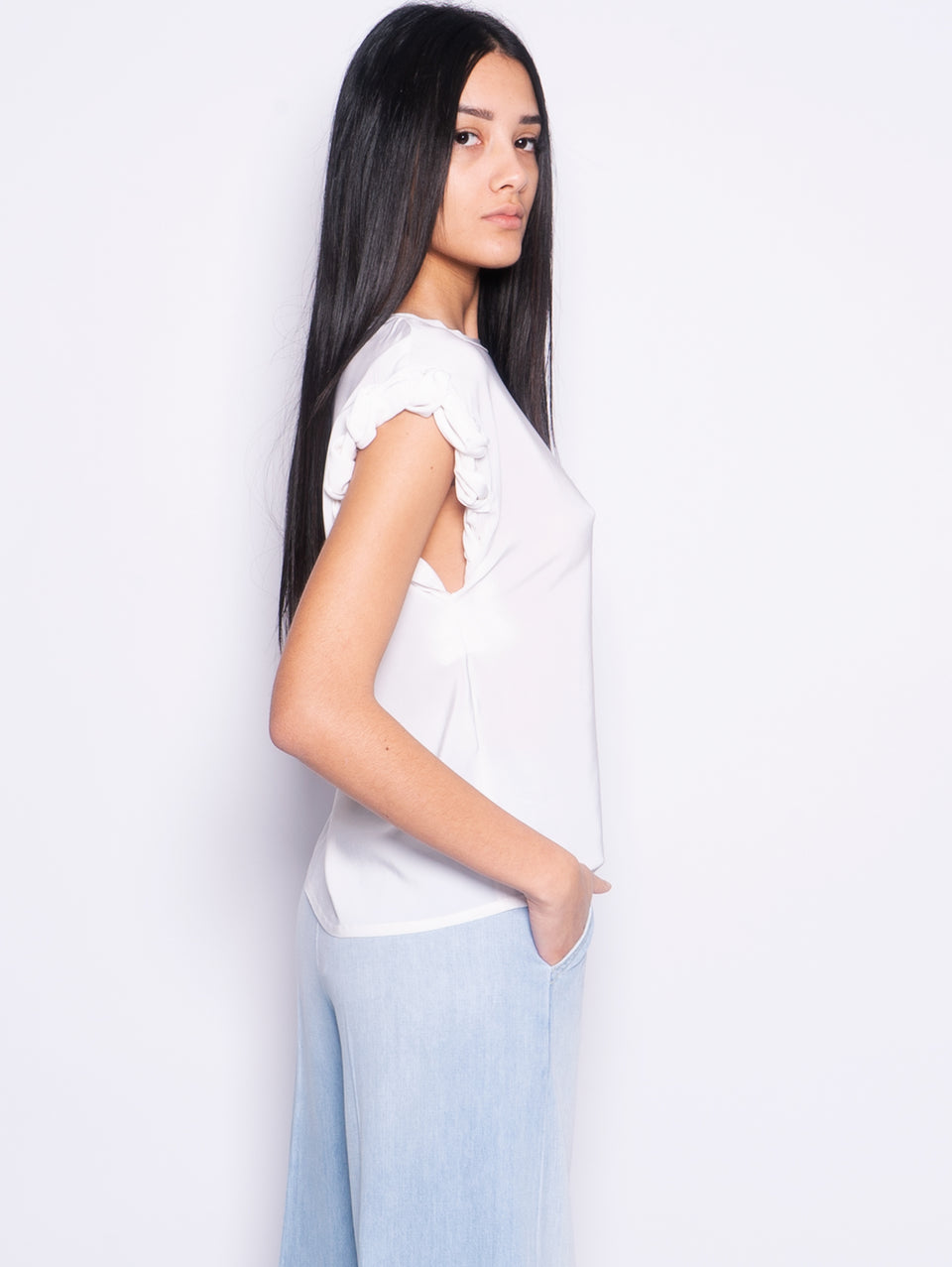 PINKO Blusa Girocollo con Lavorazione sulla Manica Bianco Italy