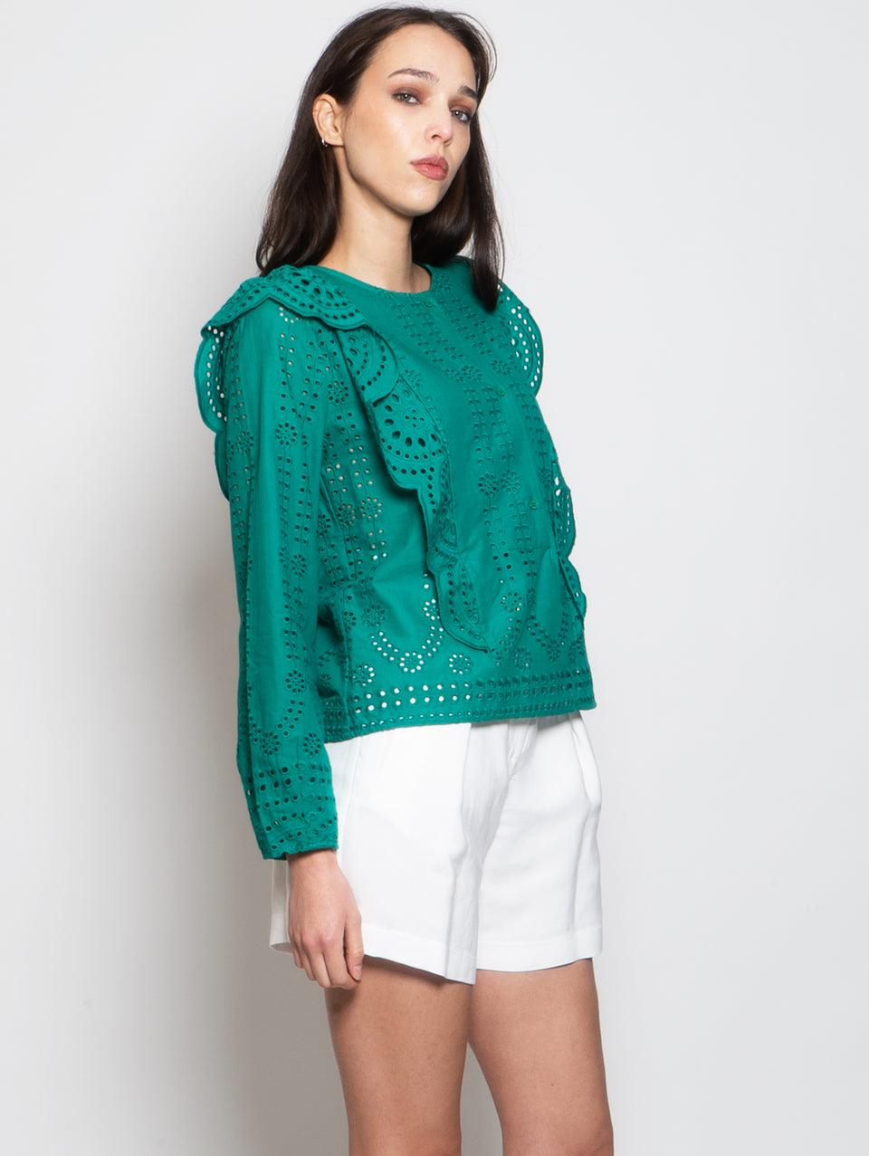 MUNTHE Blusa Girocollo in Cotone con Ricami Verde Nuovo