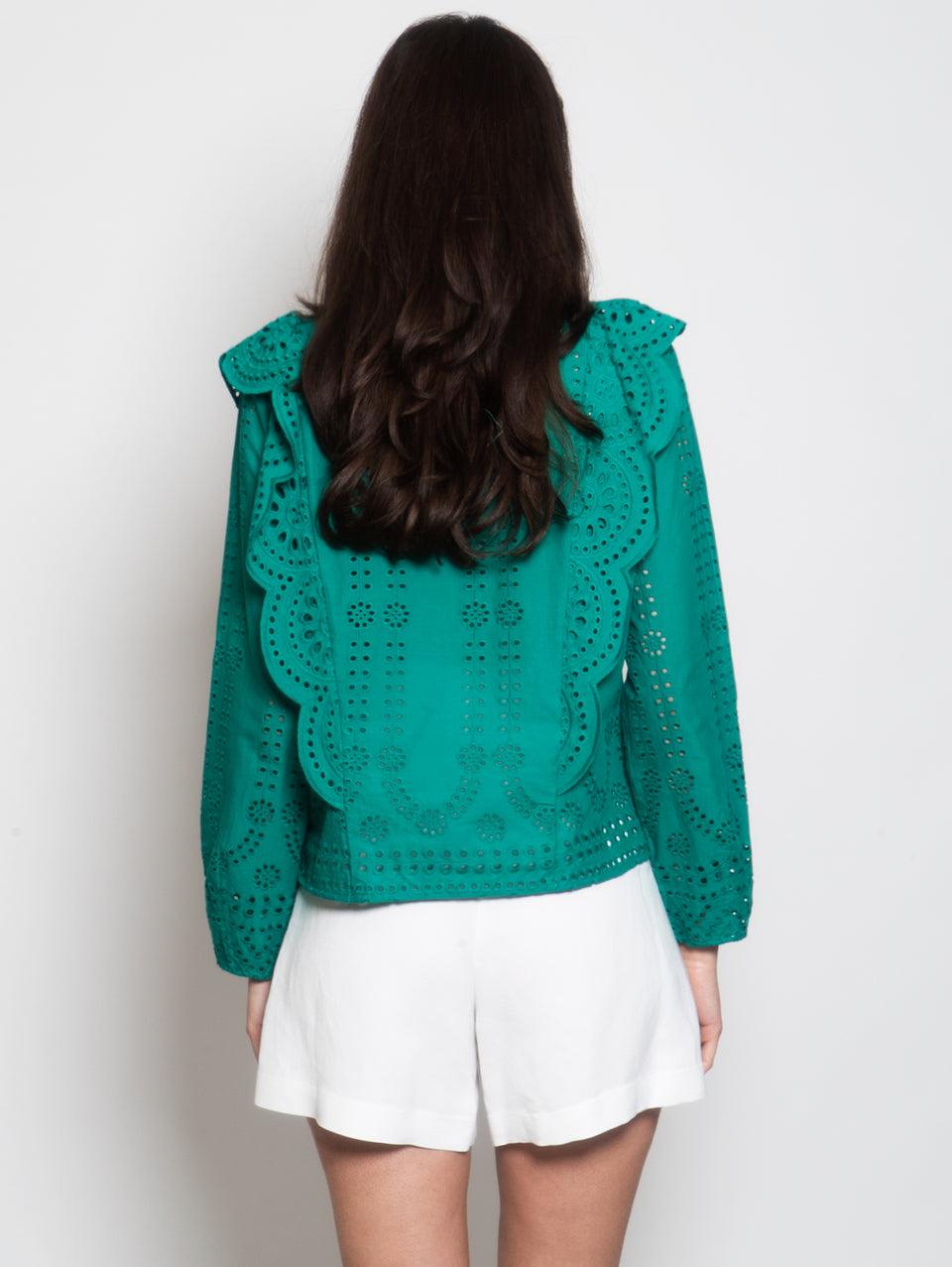 MUNTHE Blusa Girocollo in Cotone con Ricami Verde Nuovo
