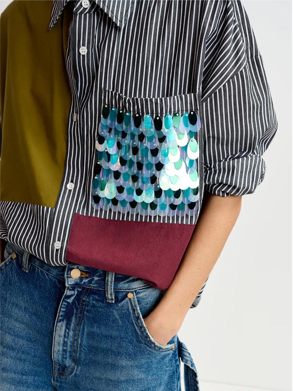 ESSENTIEL ANTWERP Camicia Over a Righe Patchwork Nero Promozione