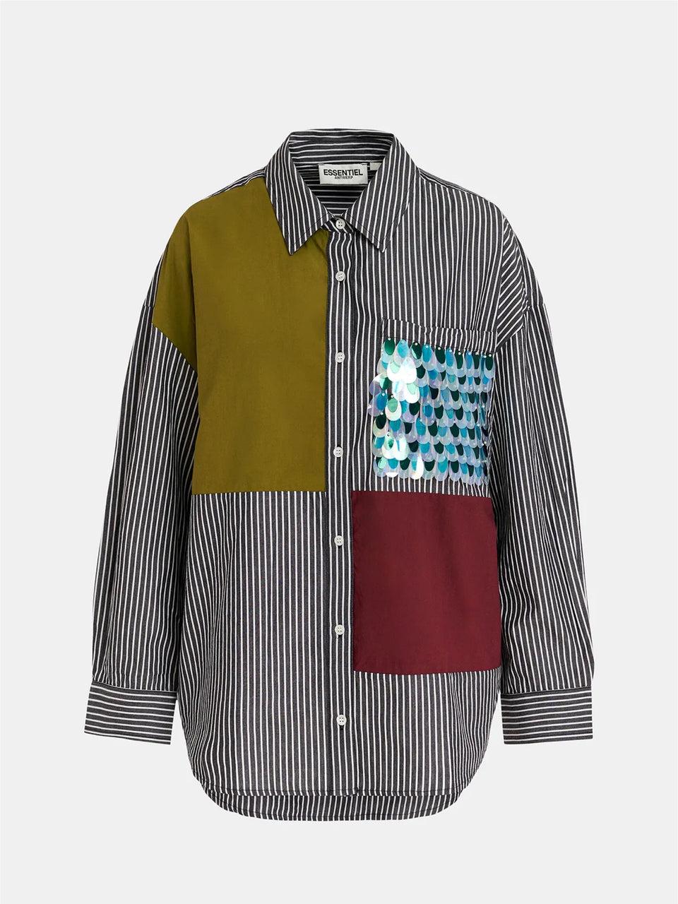 ESSENTIEL ANTWERP Camicia Over a Righe Patchwork Nero Promozione