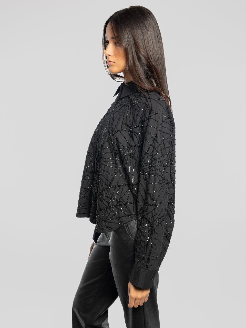 ESSENTIEL ANTWERP Camicia Squadrata con Paillettes Nero Spedizione Gratuita