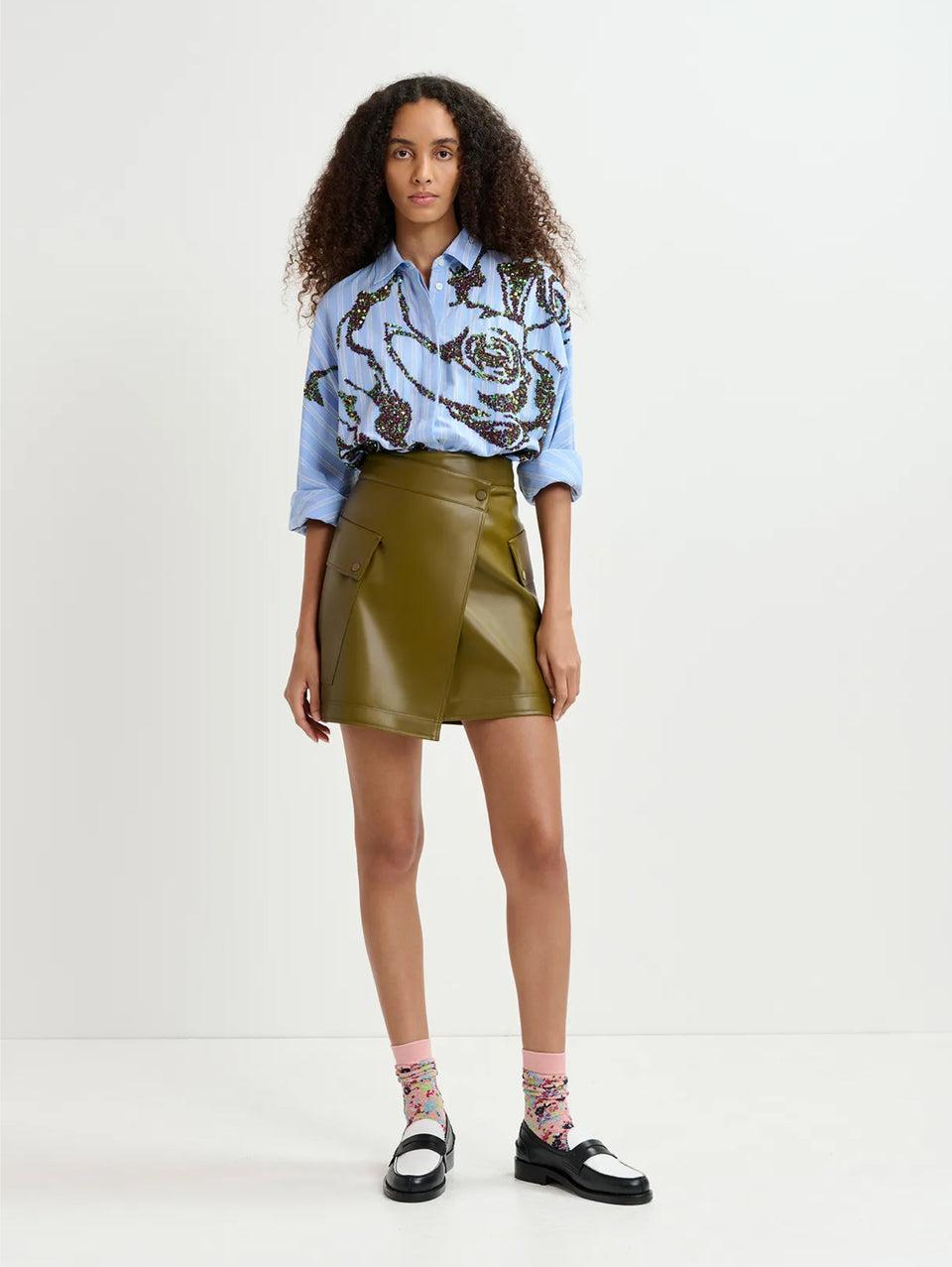ESSENTIEL ANTWERP Camicia in Popeline con Fiori di Paillettes Bianco/Blu Consegna Veloce