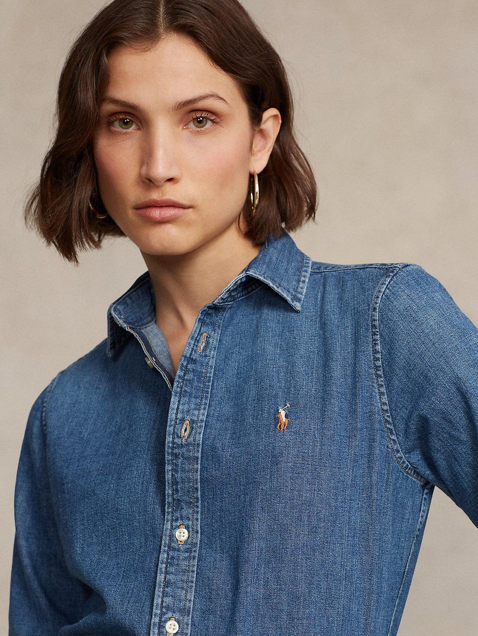 RALPH LAUREN Camicia in Twill di Cotone Denim Blu Affare Del Giorno